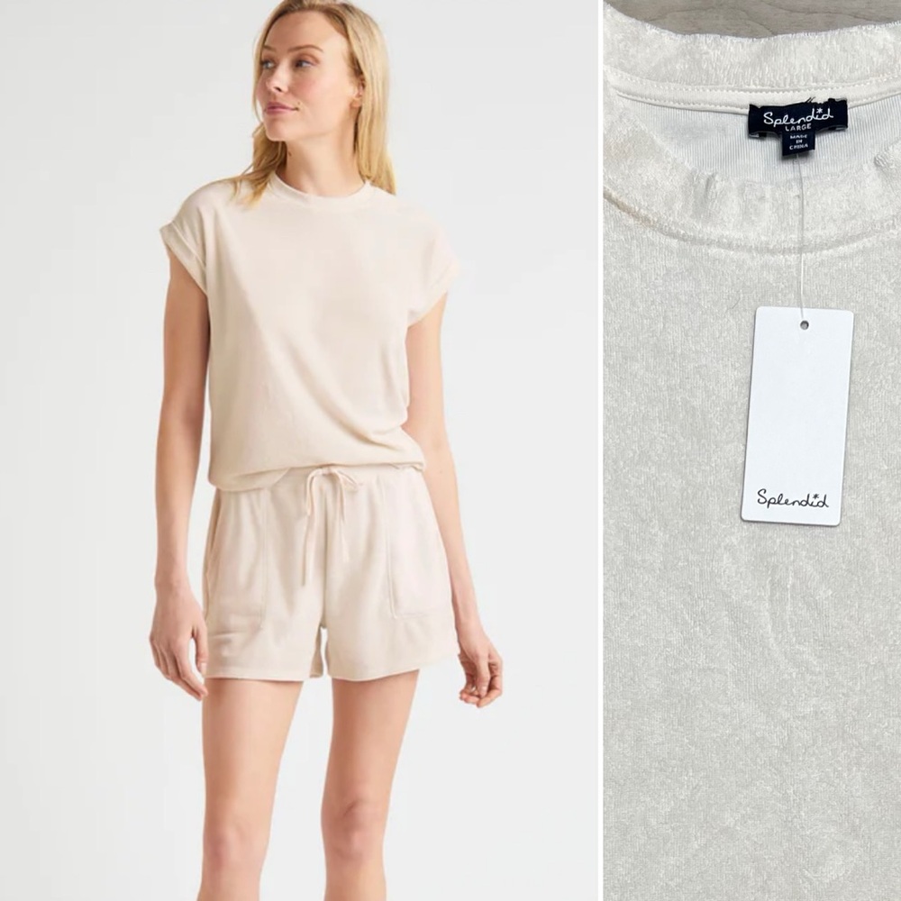 Splendid Terry Short Sleeve Sweatshirt Top, Ivory, size L NWT